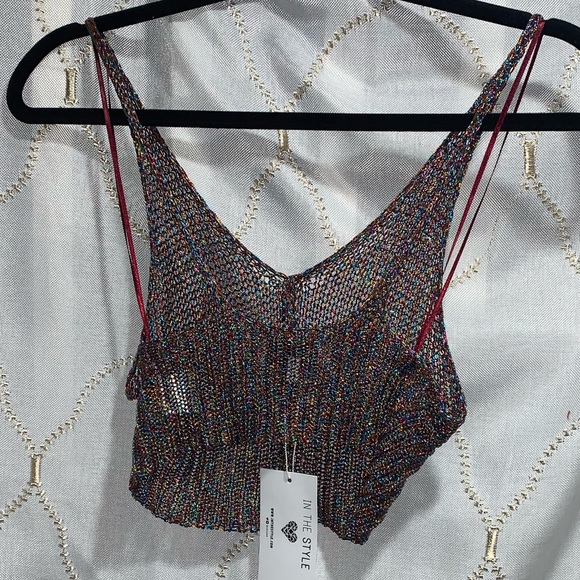 NWT INTHESTYLE MULTI COLORED CROCHET KNIT CROP TOP - Picture 2 of 3